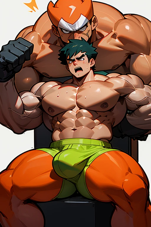 Ash Ketchum and Gary Oak from Pokémon sitting on a weight bench with shoulders slumped. Sweating. Wearing a bulging jockstrap. Staring blankly as he listens to hypnotic subliminals through headphones. Monitors mounted on the walls around him display pulsing spirals to keep him in trance as he assimilates with other meatheads and becomes a big dumb bodybuilder football jock. Open mouth. IQ drain. Dumber. Hypnosis. Trance. Brainwashing. Digital painting. Anime. Hyper swollen bulging . Big muscles. Big traps. Big biceps. Big triceps. Broad shoulders. Big meaty hyper pecs. Bro. "I have to resist. Have to ... break free.... Have to ... have to..... I ... m-must.... I ... must...." Speaking in a dull monotone as he falls into trance. "Listen, ... repeat, ... conform, ... obey.... I ... I am sweaty. ... I am . ... I am . ... I am dumb.... I'm just a mindless.... I'm just an empty, ... stupid, ... strong jock.... Sweat out smarts.... Be a meathead.... Listen, ... repeat, ... conform, ... obey, ... assimilate.... Huhuh...." Both flex and smirk at each other. Ash speaks in dumb jock bro accent. "Bro, you say you got the best poké? Let me show you a real pair of poké, bro. Huhuhuh...." Hyper swollen  bulge. Brute. Dumber and dumber. Mindless. Brainless. Musclehead. Hyper muscles. Mouth hanging open. Perspiring. Sweaty. Hypnotic trance. Entranced. Hypnotized. Brainwashed. Brainwashing. Hypnosis. Glowing eyes. Mindless stare. meathead. Brute. Brutish. Brutification. Transformation. meathead bodybuilder assimilation. Hairy. treasure trail. Flexing. Chucklehead.