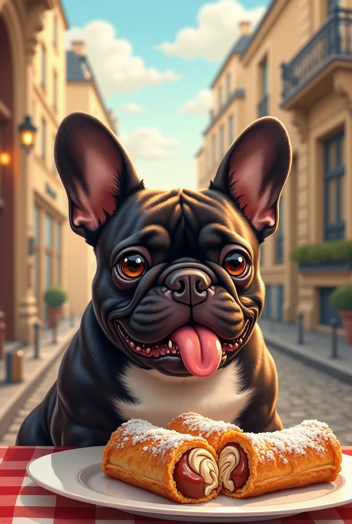 Create a dog who is French and is taking Italian treats