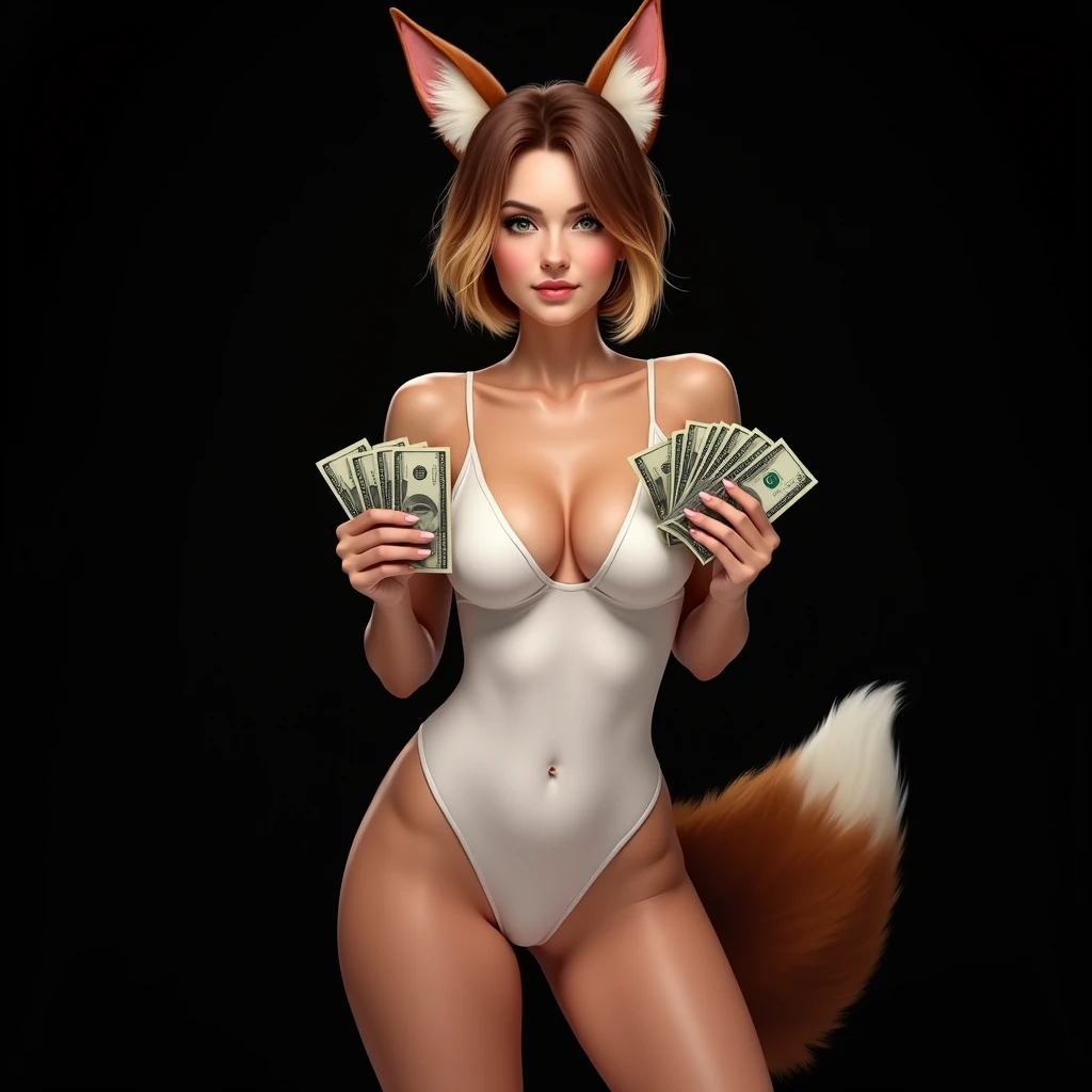 brunette woman, short brown hair with blonde highlights twin tails, green eyes, athletic body, huge breasts, small waist, white one piece lingerie, fox ears, foxtail, Photo studio, Black background, bundles of money in hands