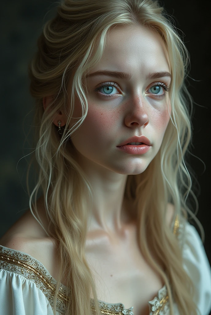 (photorealism:1.2), a beautiful woman, long blonde hair, blue-gray eyes. Tez blanca, with a medieval dress, crying