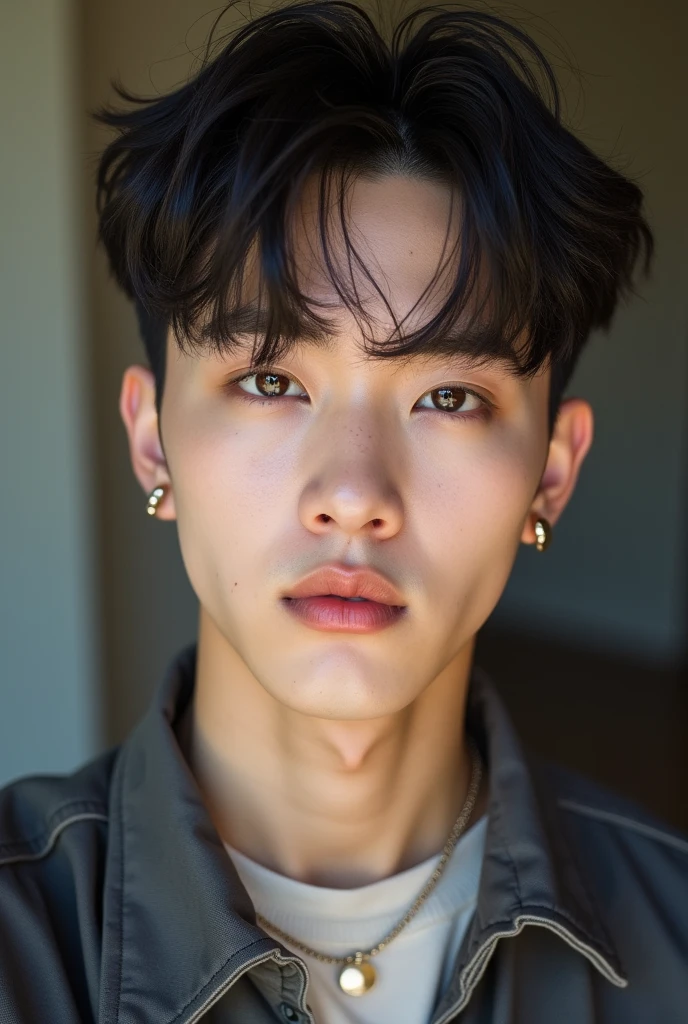 Realistic photo of a Korean male kpop singer, jungkook BTS, 24 years, pale face, beautiful face, face with rosy cheeks and freckles, Muscular and strong body, shaved hair, shaven hair, shaved hair, wearing show clothes, Selfie, POST for Instagram, Selfie, kpop singer style