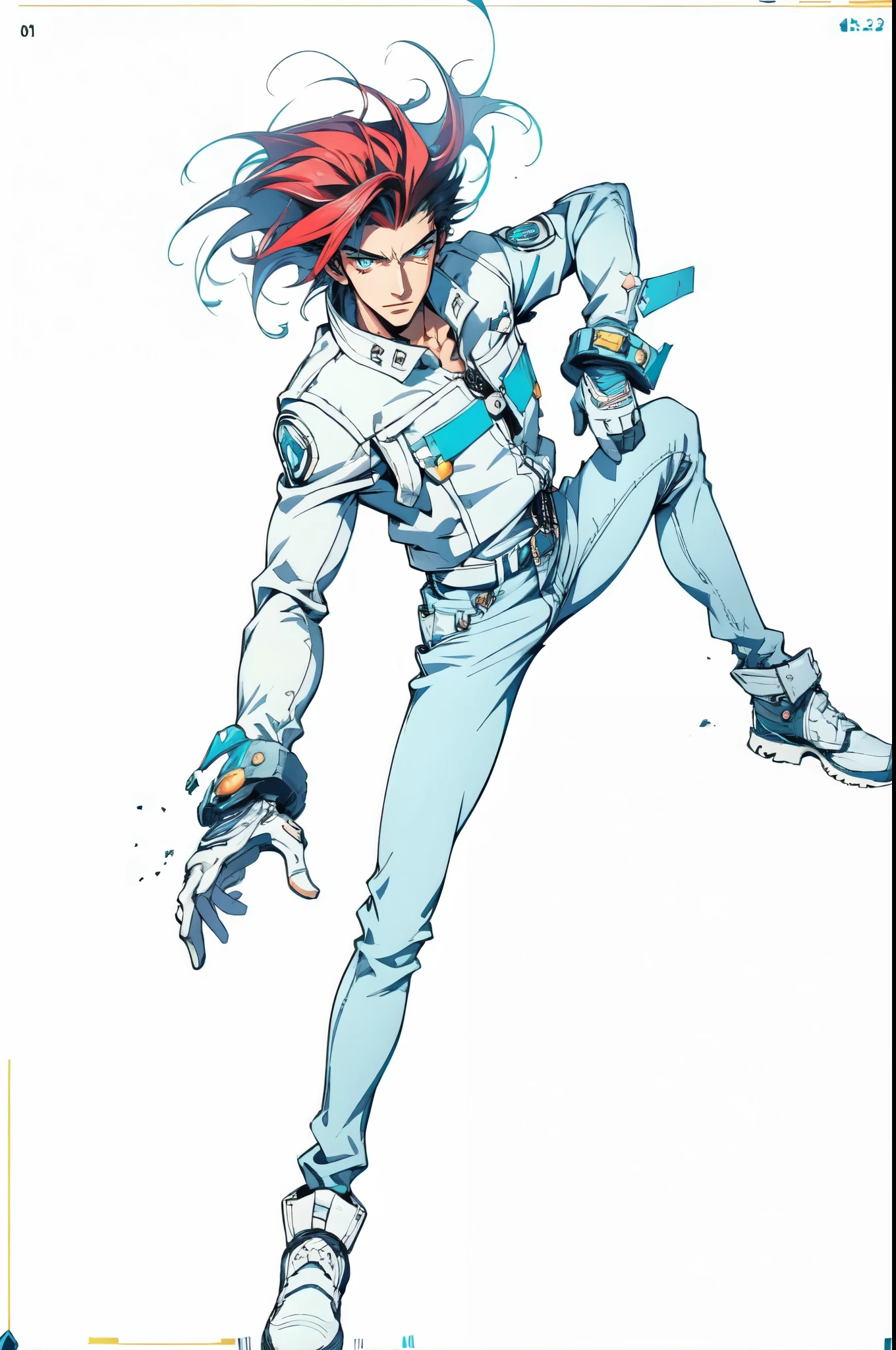(masterpiece:1.2, best quality:1.2, extremely delicate:1.2), ((male:1.5)), a young man with messy red hair, a leather strap tied around his forehead, a handsome face, bright eyes, a rebellious smile, a slender build, a futuristic fantasy-style black and white leather jacket, dark jeans, hiking boots, he is making an exaggerated leap above the city, this character embodies a finely crafted futuristic fantasy-style rogue in anime style, exquisite and mature manga art style, dramatic, high definition, highres, ultra-detailed, ultra-fine painting, professional, perfect body proportions, golden ratio, anatomically correct, symmetrical face, extremely detailed eyes and face, high quality eyes, creativity, RAW photo, UHD, 32k, Natural light, cinematic lighting, (masterpiece-anatomy-perfect:1.2)