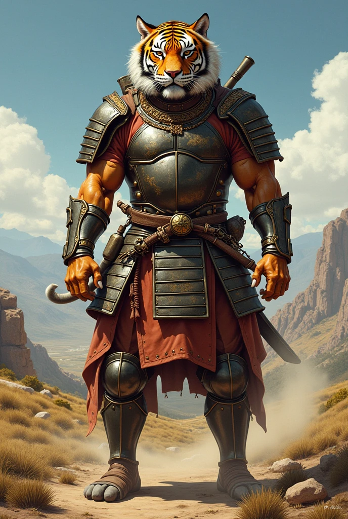 A drawing of a humanoid tiger with an outfit mixing samurai armor with a comboy outfit