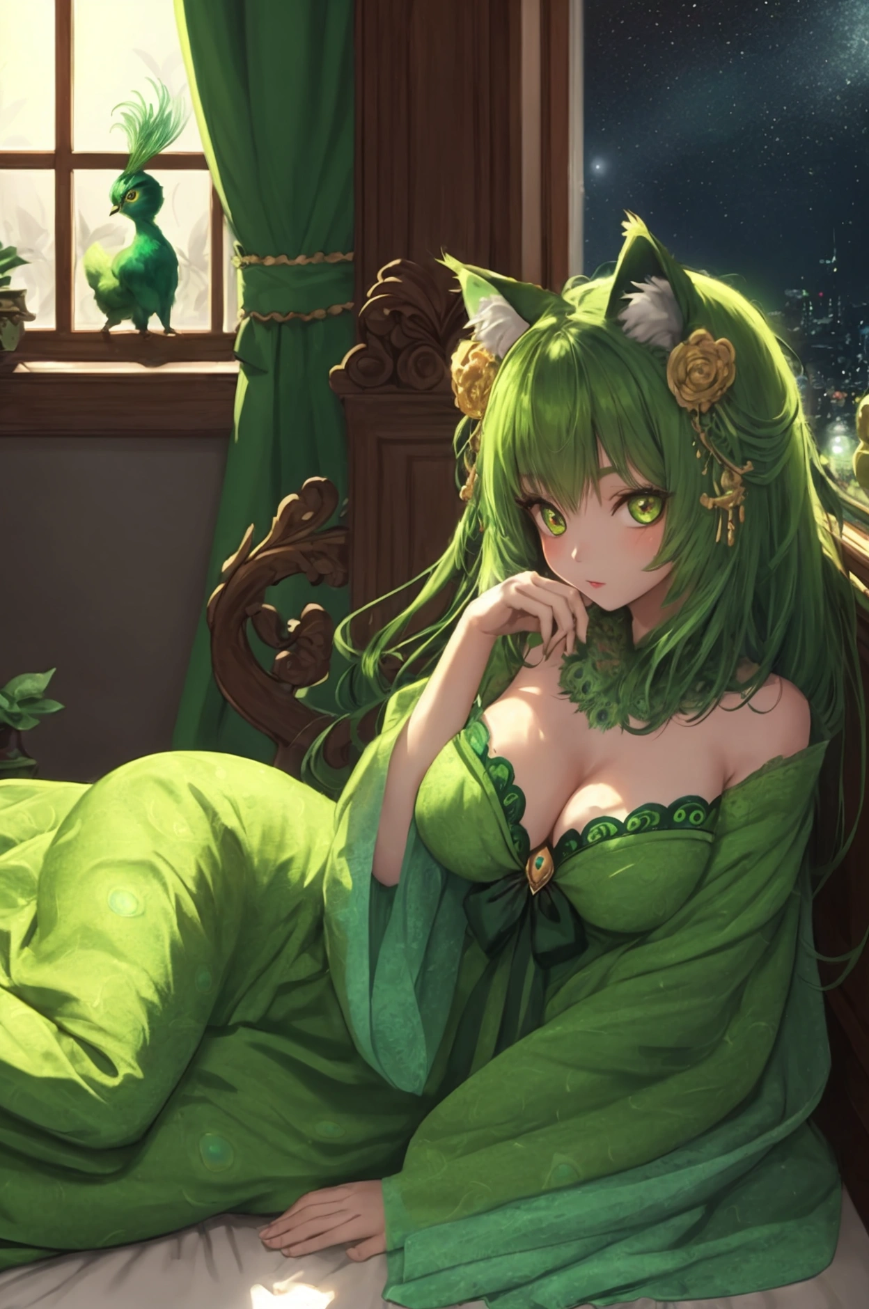 A green cat with long peacock feathered ears lying on a windowsill at night. With big eyes and a seductive look