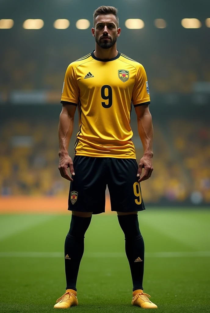 Soccer uniform, golden shirt with black details and black number on the center , black short with golden details, and black socks, no sponsors