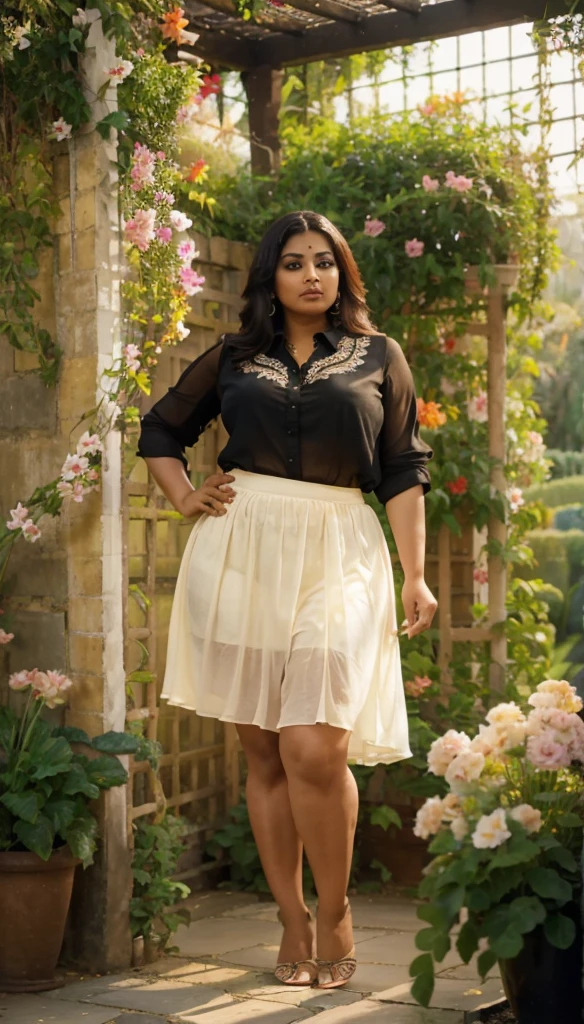 Day scene, A radiant, full-figured South Indian 35 year old aunty a cream colour chiffon mini skirt and black chiffon shirt, standing, in a garden captured in a full-body image with vibrant hues and meticulous details. Full body image