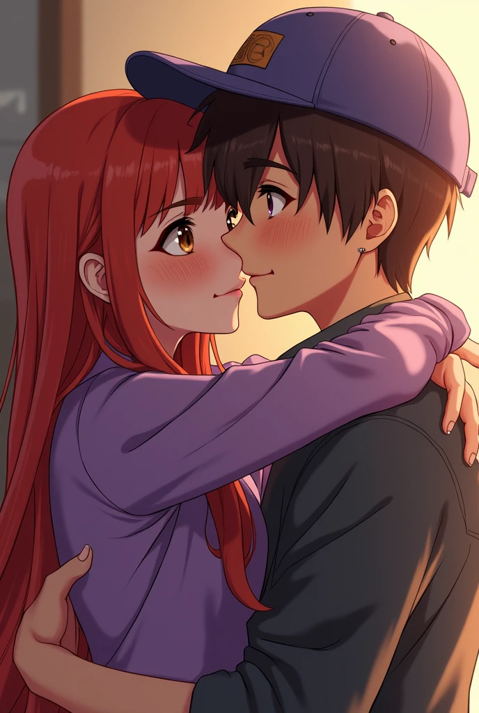Girl with long red hair, and bangs, freckles on the face, Piercing no septo, brown eyes Hugging a boy, the boy has brown eyes, Piercing na lateral da boca, The eyes, with purple blouse, and purple cap