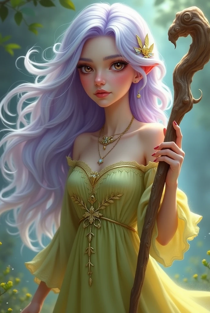 She has light purple and white hair and wears a yellow-green dress.、Girl holding a walking stick