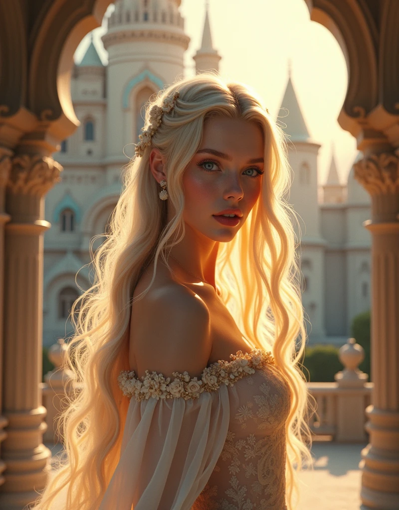a beautiful princess, 1girl, long blonde hair, crystal blue eyes, flawless porcelain skin, elegant flowing dress, regal posture, magical fantasy castle, glowing sunlight, intricate details, ethereal atmosphere, cinematic lighting, vibrant colors, (best quality,4k,8k,highres,masterpiece:1.2),ultra-detailed,(realistic,photorealistic,photo-realistic:1.37),fantasy art