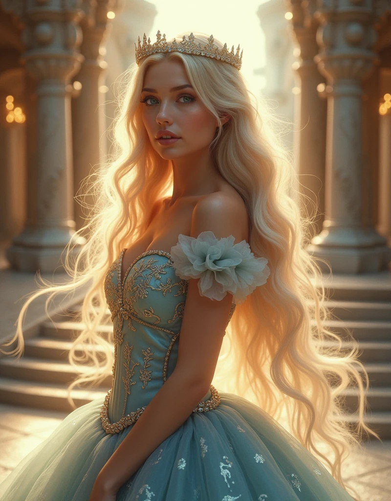 a beautiful princess, 1girl, long blonde hair, crystal blue eyes, flawless porcelain skin, elegant flowing dress, regal posture, magical fantasy castle, glowing sunlight, intricate details, ethereal atmosphere, cinematic lighting, vibrant colors, (best quality,4k,8k,highres,masterpiece:1.2),ultra-detailed,(realistic,photorealistic,photo-realistic:1.37),fantasy art