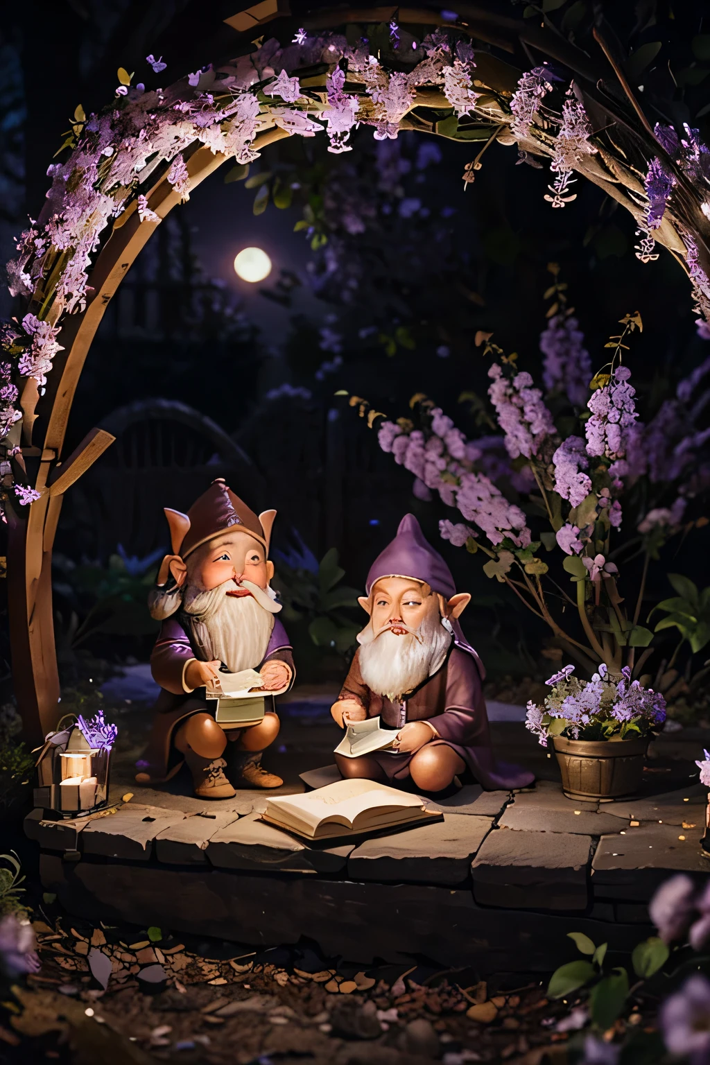 *“A cozy gnome sits beneath a wisteria tree, engrossed in a book under the soft glow of a full moon. The cascading purple blooms frame the scene, swaying gently in the night breeze. Soft moonlight filters through the petals, casting an ethereal glow around the gnome. The peaceful night is filled with magic, as the gnome reads in quiet contentment, surrounded by the calming beauty of the wisteria under the starry sky.”*