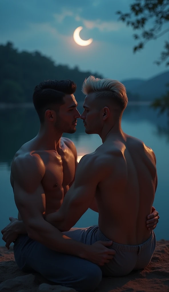 photorealistic, yaoi, best quality, masterpiece, extremely detailed, close up, two men wearing tiny speedos, extremely handsome 25 year old man with middle parting dark hair, extremely handsome 30 year old filipino man with short blond hair, muscular bodybuilder, sitting by a lake, looking at each other lovingly, crescent moon in the sky, vibrant colors, extremely romantic atmosphere, dark cinematic lighting, dramatic shadows, perfect hands, perfect fingers, perfect face