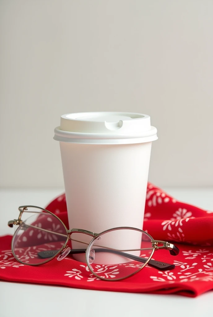 Styrofoam cup with glasses and a red bandana
