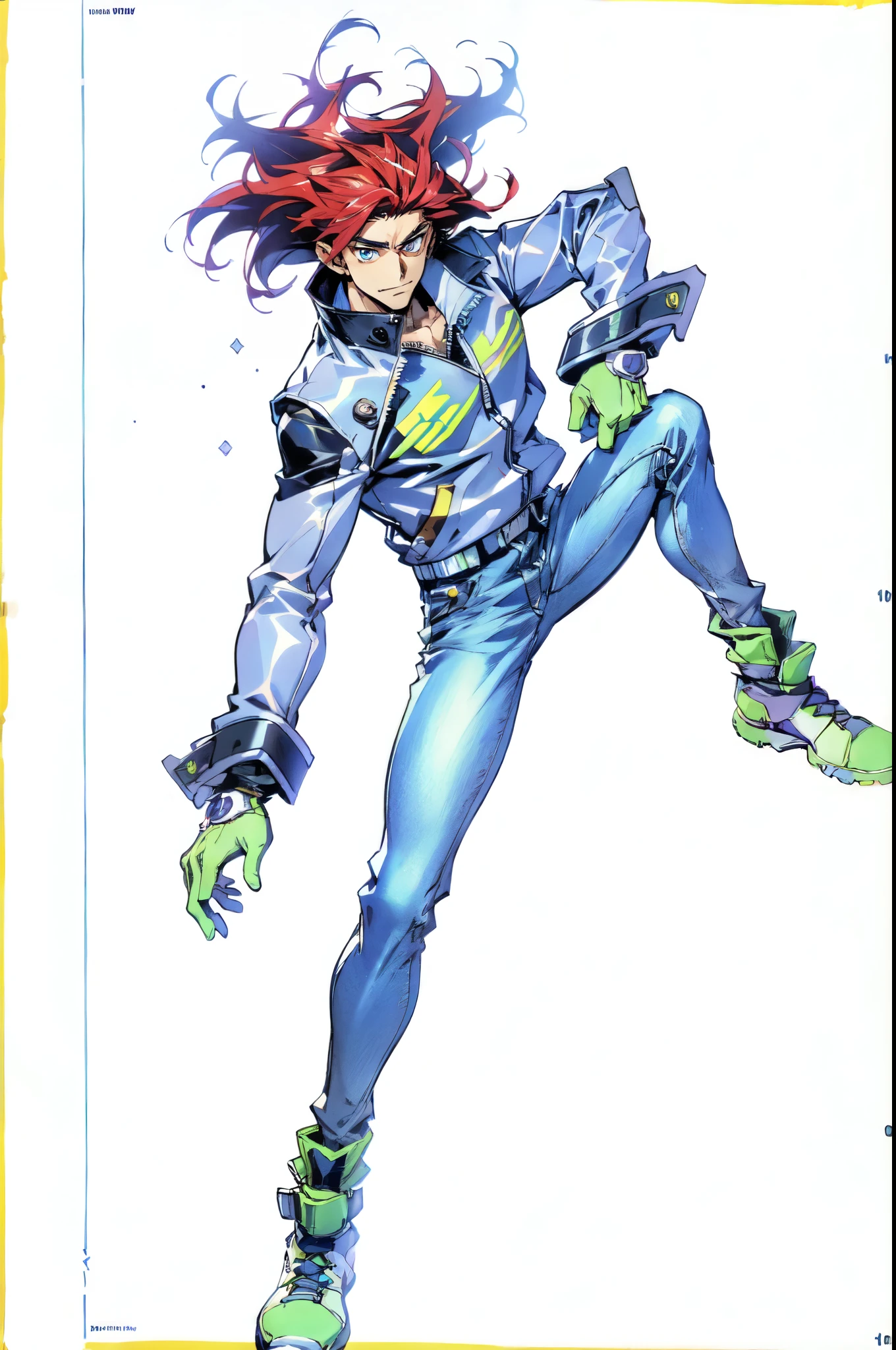 (masterpiece:1.2, best quality:1.2, extremely delicate:1.2), ((male:1.5)), a young man with messy red hair, a leather strap tied around his forehead, a handsome face, bright eyes, a rebellious smile, a slender build, a futuristic fantasy-style black and white leather jacket, dark jeans, hiking boots, he is making an exaggerated leap above the city, this character embodies a finely crafted futuristic fantasy-style rogue in anime style, exquisite and mature manga art style, dramatic, high definition, highres, ultra-detailed, ultra-fine painting, professional, perfect body proportions, golden ratio, anatomically correct, symmetrical face, extremely detailed eyes and face, high quality eyes, creativity, RAW photo, UHD, 32k, Natural light, cinematic lighting, (masterpiece-anatomy-perfect:1.2)