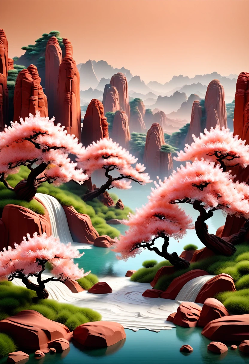 (masterpiece, high quality, best quality, Official Art, Beauty and aesthetics: 1.2), Surrounded by red rocks, Splashing water, (Chinese Landscape Paper Sculpture, Chinese Song Dynasty Landscape Painting: 1.2), (Surrealistic dream style), Creamy organic liquid, Ray Tracing, Ambient Occlusion, hazy, Natural light, limestone, Gel resin sheet, OC Rendering, (Peach blossom forest background: 1.4),8k