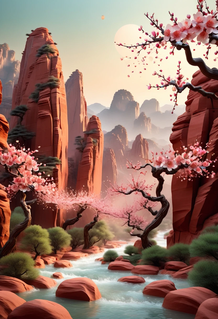 (masterpiece, high quality, best quality, Official Art, Beauty and aesthetics: 1.2), Surrounded by red rocks, Splashing water, (Chinese Landscape Paper Sculpture, Chinese Song Dynasty Landscape Painting: 1.2), (Surrealistic dream style), Creamy organic liquid, Ray Tracing, Ambient Occlusion, hazy, Natural light, limestone, Gel resin sheet, OC Rendering, (Peach blossom forest background: 1.4),8k