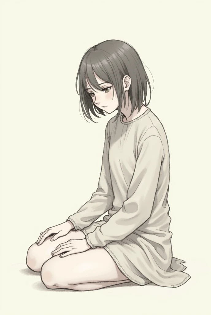 Create a sketch and finish it of a girl sitting with one hand on the floor and the other one sluggishly and her legs slightly apart.
