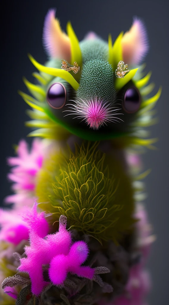 Cute creature from Space. terraforming. Alien Flora, Miki Asai Macro photography, close-up, hyper detailed, trending on artstation, sharp focus, studio photo, intricate details, incorporate hot pink and neon green, highly detailed, by greg rutkowskidetailed face, detailed skin