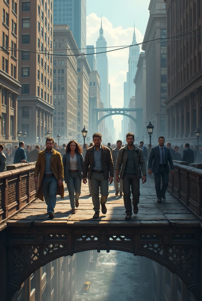 group of brave people crossing a bridge in the middle of the city, buildings
