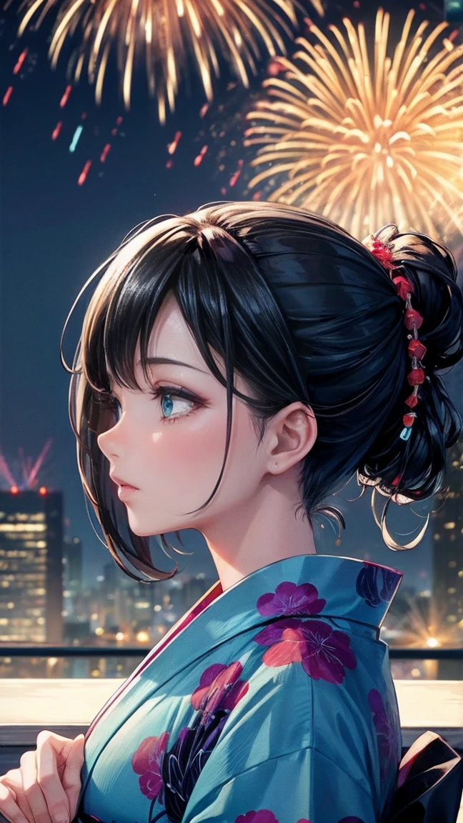 Skyscraper rooftop　Mature woman looking up at fireworks　Black hair chignon　A vibrant turquoise yukata