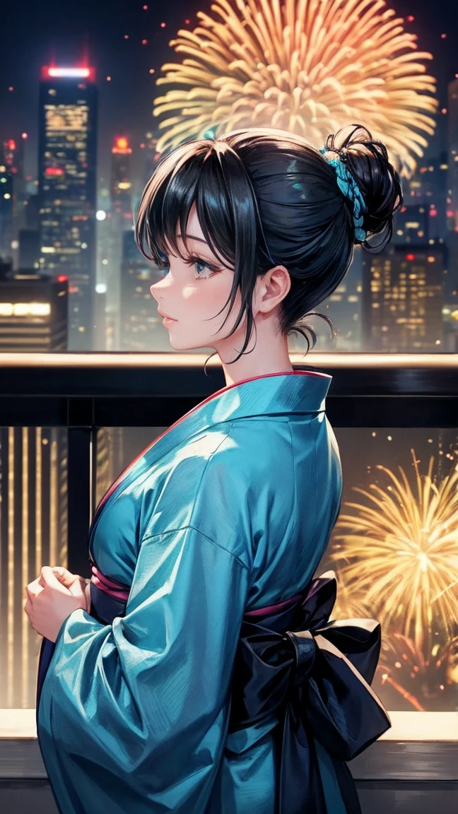 Skyscraper rooftop　Mature woman looking up at fireworks　Black hair chignon　A vibrant turquoise yukata