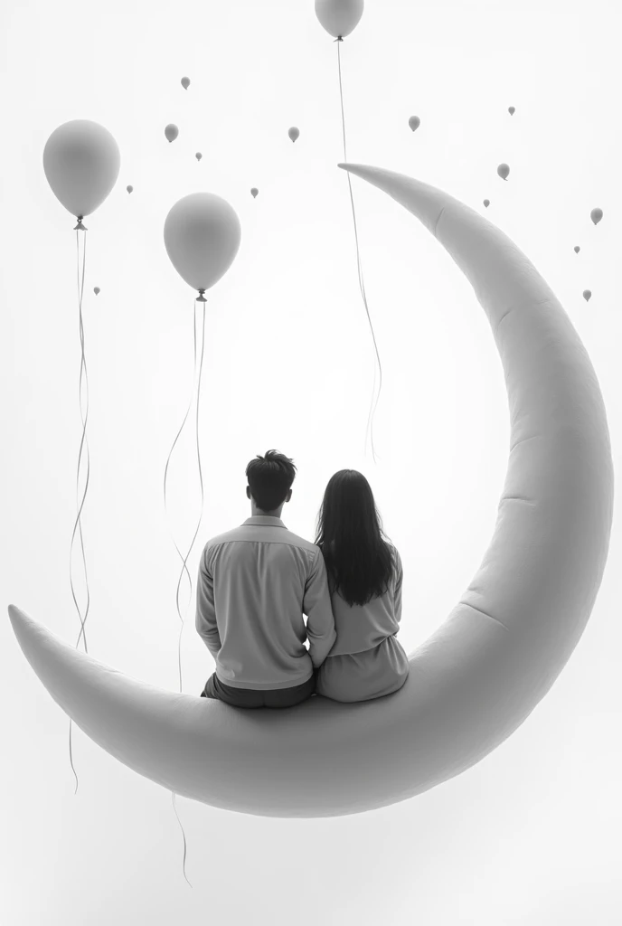 drawing of a couple in love with their backs turned , sitting on a crescent moon charged by helium balloons, with a background in which white dominates , and the tones of the couple are in a gray scale
