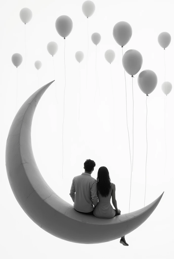 drawing of a couple in love with their backs turned , sitting on a crescent moon charged by helium balloons, with a background in which white dominates , and the tones of the couple are in a gray scale