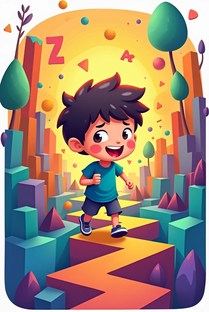 I need to create a logo of a child named PLIM who is inside a maze and must find the exit and the theme is colors, geometric figures, numbers from 0 to 100, quantities from 0 to 100