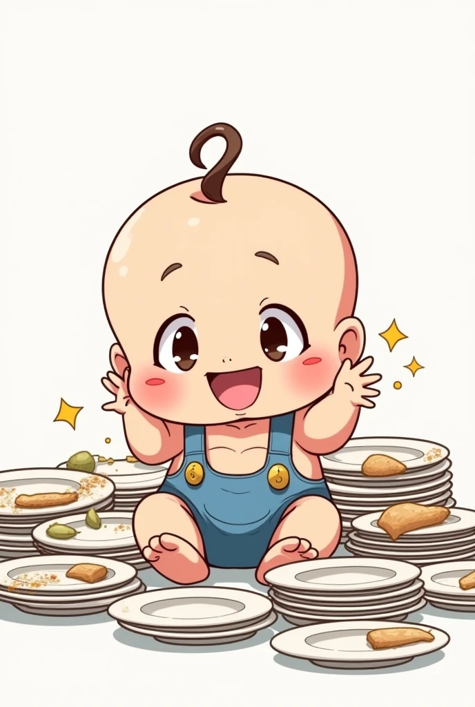 chibi, plump child, piles of empty plates, happy expression, baby clothes, anime, manga, funny