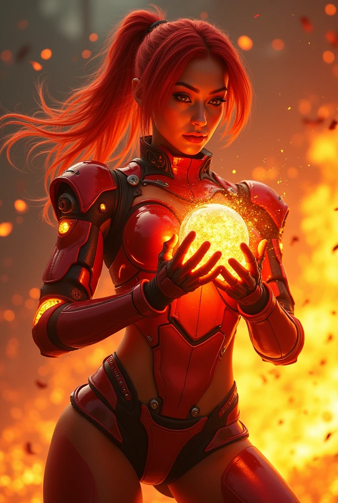 In this Armored Core-inspired masterpiece, a stunning woman dons ninja robot armor, her bright red hair styled with a hint of randomness amidst the fiery chaos. Her red and orange body glows like embers as she prepares for battle in a cowboy shot. Flames and ash engulf the background, with burning intensity rating 2.0. The woman's face, detailed to a high standard (1.3), is set with determination. Her hands, intricately rendered at level 1.8, cradle a ball of fiery energy as electronic armor parts glow. Flashy special move effects radiate with an equally impressive 2.0 intensity.