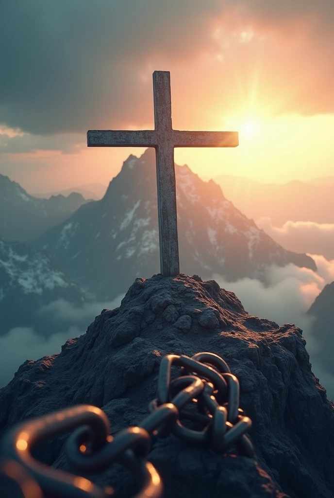 The description you provided evokes a very powerful and symbolic image.. Imagine a three-dimensional cross positioned on top of a majestic mountain. The background is illuminated by a radiant sun, creating a light effect that highlights the cross and the mountain. ao redor, a chain breaks, perhaps representing a symbolism of liberation or transformation. The combination of these elements conveys a sense of grandeur, Hope and renewal. If you are looking for this image specifically, You can use 3D modeling software or search for visual resources in image banks and design platforms..