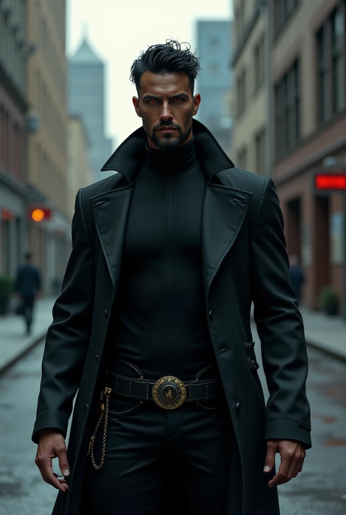 1male , trimmed hair , messy hair , goatee , black fur , Bright red eyes , Dark skin , adult male , serious expression , standing on the sidewalk , Black compression shirt , black trench coat
