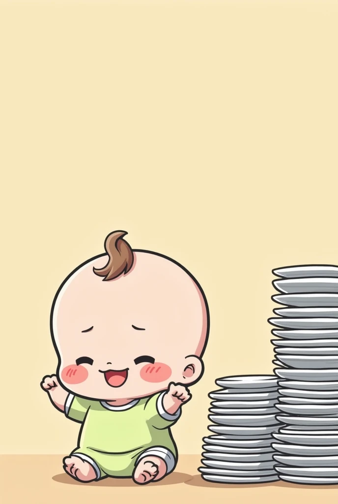 chibi, plump child, piles of empty plates, happy expression, baby clothes, anime, manga, funny