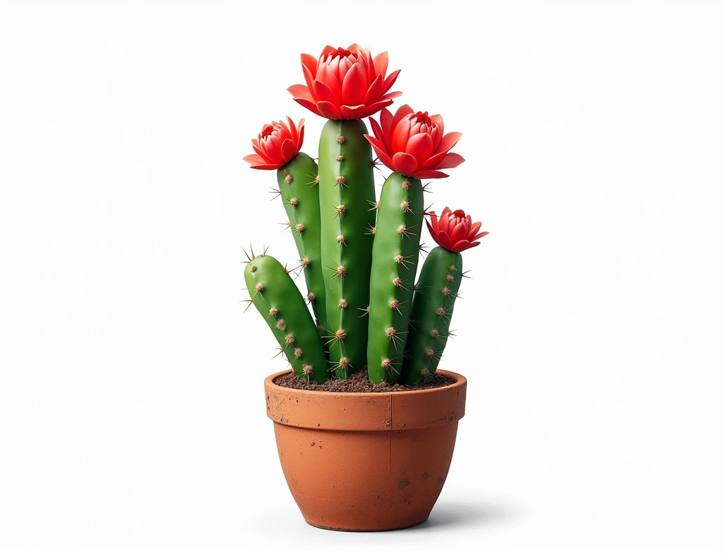 Mexican cactus, with red flowers, in a clay pot, on white background.