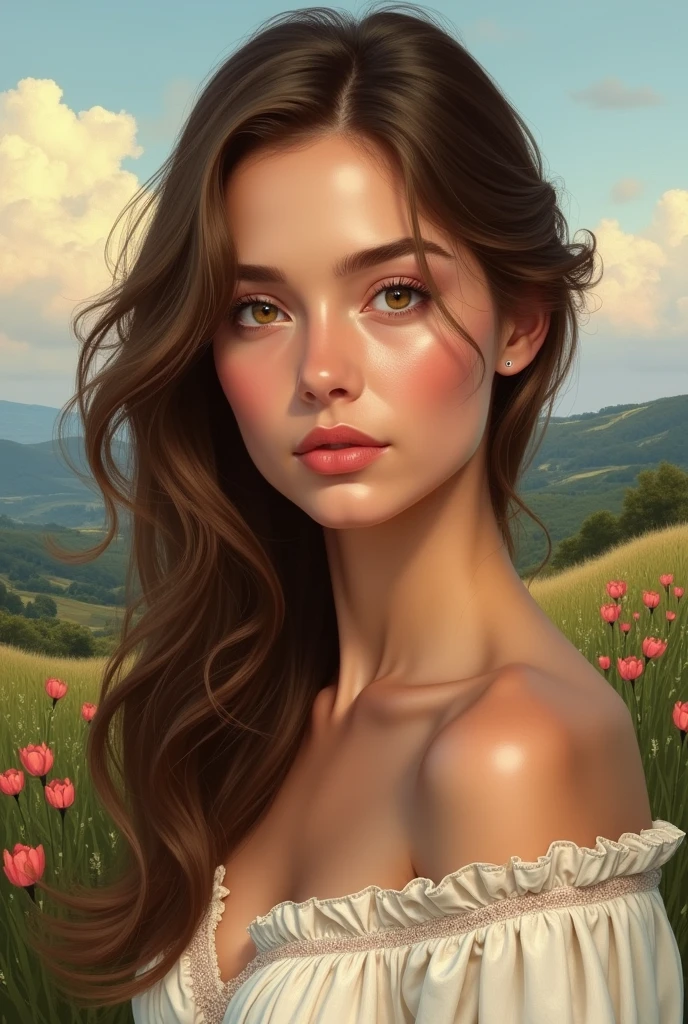 Generates brown-haired woman with light brown eyes with pink lips and cinnamon skin ,with a landscape in the background 