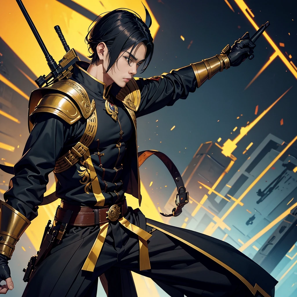 Thai male character ,Thai Warrior Costume, Ready for battle, Inspiration from the Black Organization,Holding a weapon and wearing a Thai war helmet,Wear Thai armor for a discount,Have leadership,Yellow tones