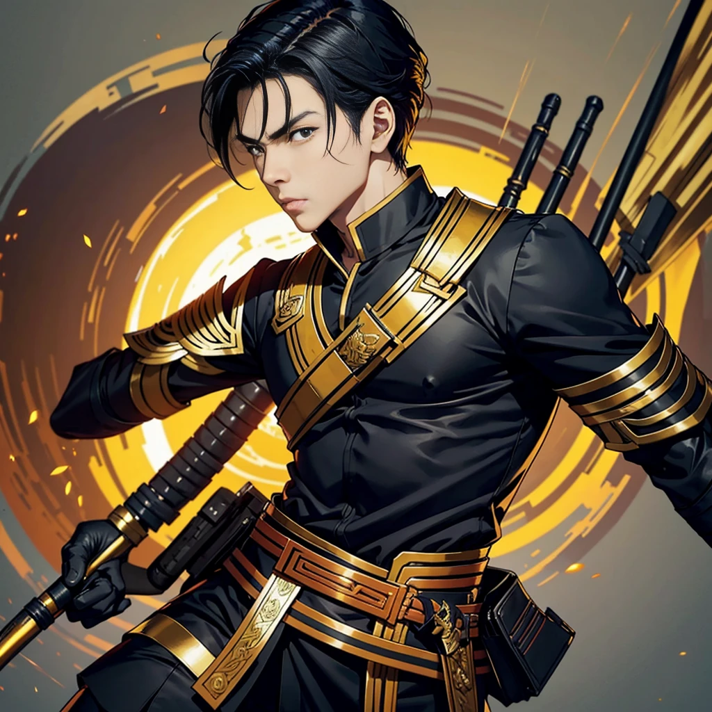 Thai male character ,Thai Warrior Costume, Ready for battle, Inspiration from the Black Organization,Holding a weapon and wearing a Thai war helmet,Wear Thai armor for a discount,Have leadership,Yellow tones