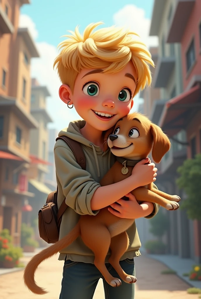 Create a blonde boy taking care of a very sick stray dog.  The boy takes the little dog in his arms and takes him home. The image should be in cartoon style.. 