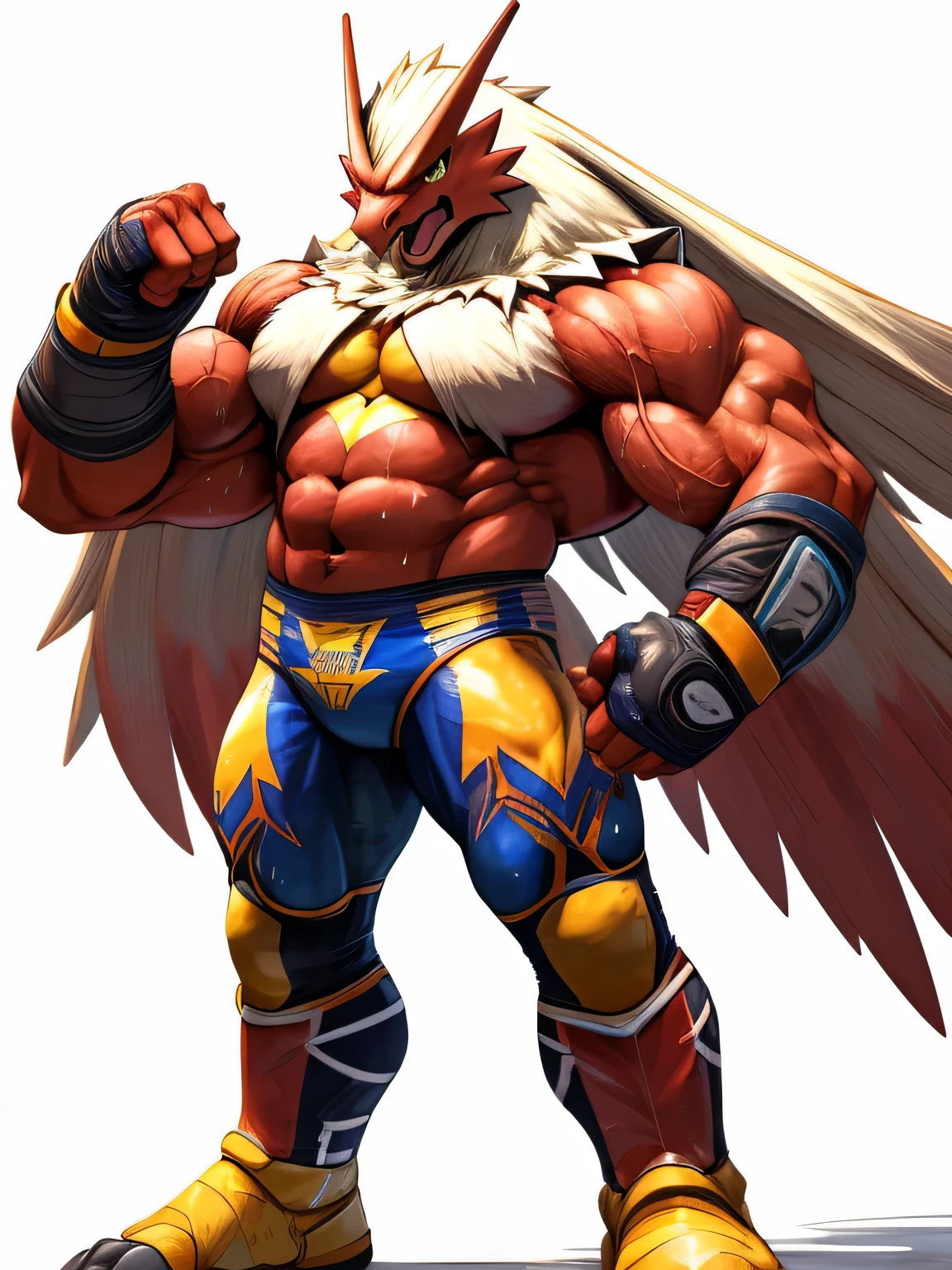 BLAZIKEN pokemon, wrestler,(masterpiece,best quality:1.4), looking at viewer,angry face roaring, veins popping,high stature,heavy weight plump,muscular belly, bulky chest,muscular tighs,focused on long legs,Black wrestling tights,sweaty and glossy skin,raise an arm,show off armpits,full body standing, white background