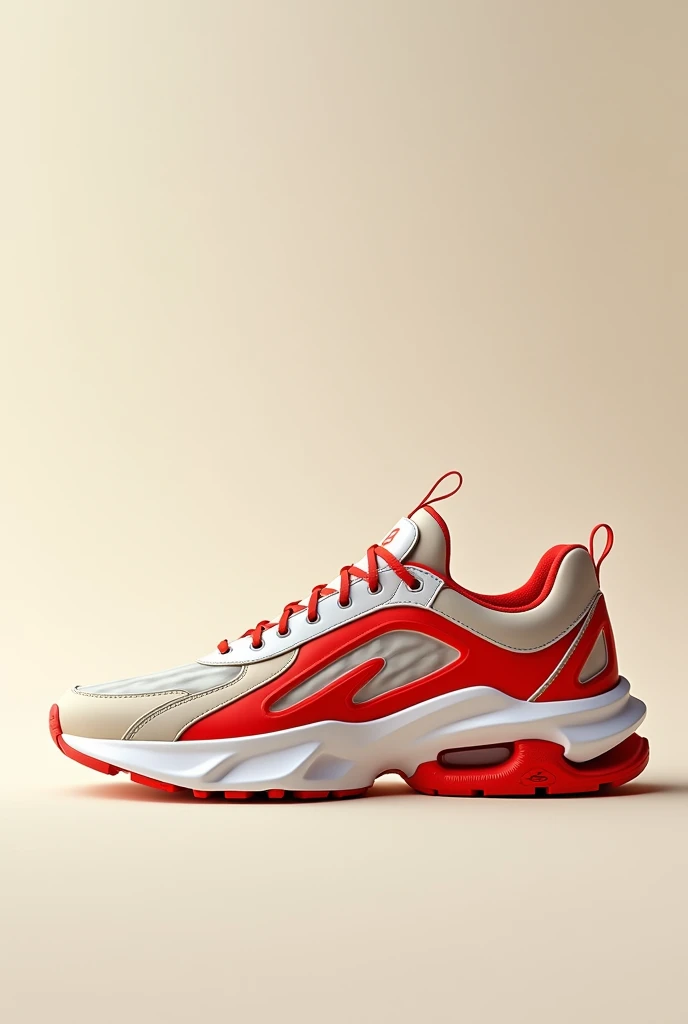 Create an image of a modern sports shoe, tennis  dont le design est inspiré par une voitures.  Elements such as windows and integrated lights,the tires of a car. The colors will be bright beige and white, red to capture the spirit of a car. The sports shoe must have a dynamic and elegant look, evoking both the speed and energy of sport in the feet of a teenager.