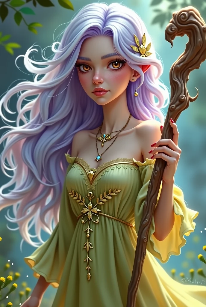 She has light purple and white hair and wears a yellow-green dress.、Girl holding a walking stick