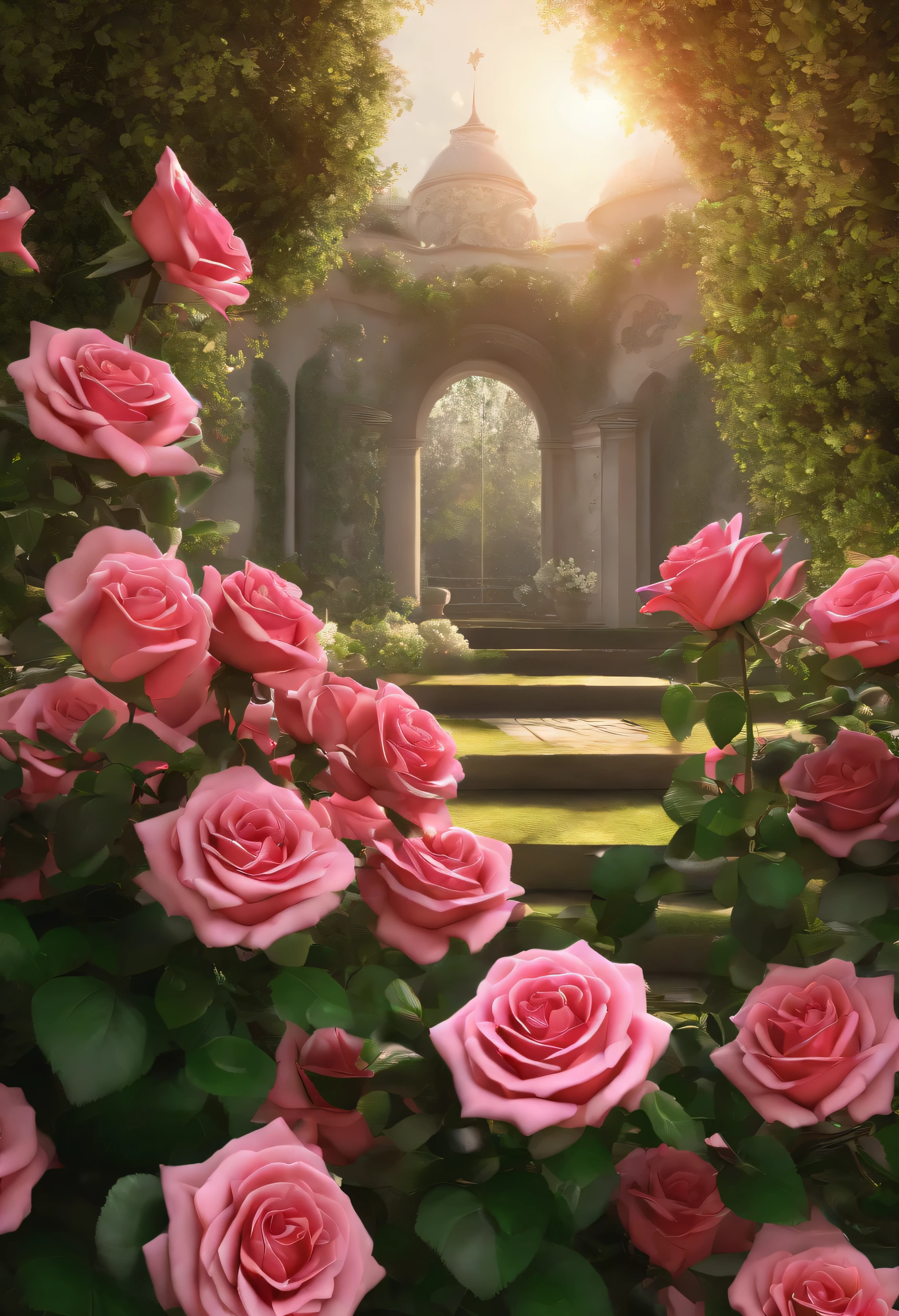 Secret Garden Flowers, A bush of pink roses (masterpiece:1.6, best quality), (extremely detailed CG unity 8k wallpaper, masterpiece , super detailed, best shadows), (detailed background), green grass, sun (best lighting, extremely delicate and beautiful), ((color paint splatter on transparent background, Dulux,)), ((caustics) wonderland style, fantasy, beautiful, perfect composition, beautiful detailed, octane render, highly detailed, heart of roses