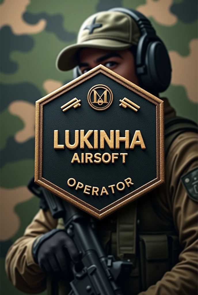 Create Cliché, Rubber patch, hexagonal coat of arms shield with the name Lukinha Airsoft and operator therefore an m4 rifle with a cap and headset with a camouflage background