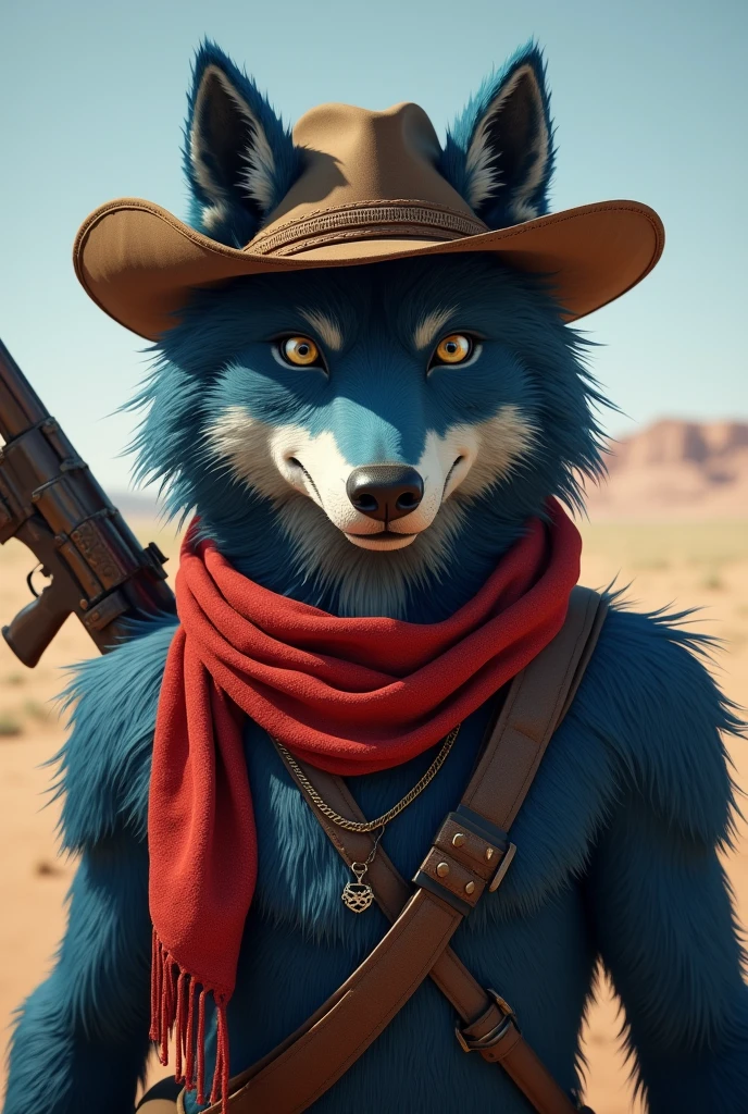 Loup Cowboy, pupil noir, yeux blanc, poil bleu, nez noir, foulard rouge, avec M 24, chapeau marron