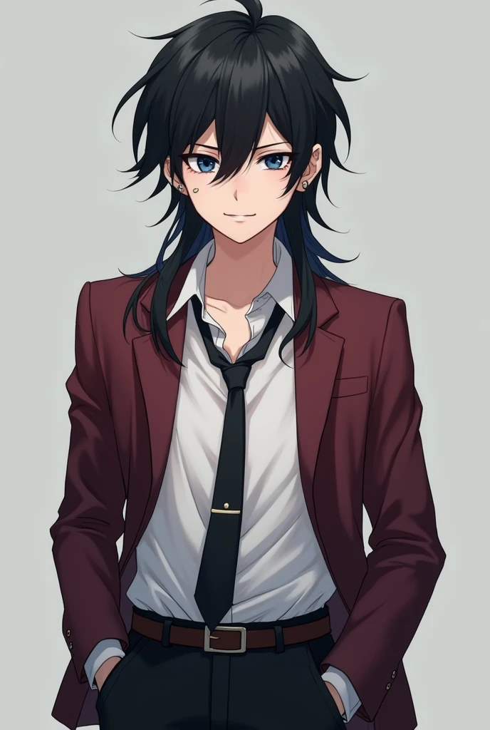 More mature anime style image. A gray background image. Teenager with long, messy black hair and dark blue eyes, piercings in both ears and a mischievous smile. He wore a white formal blouse with the first three buttons open and a loose tie, on top he wore a dark red blazer and black pants that highlighted his belt with the shirt outside the pants.
