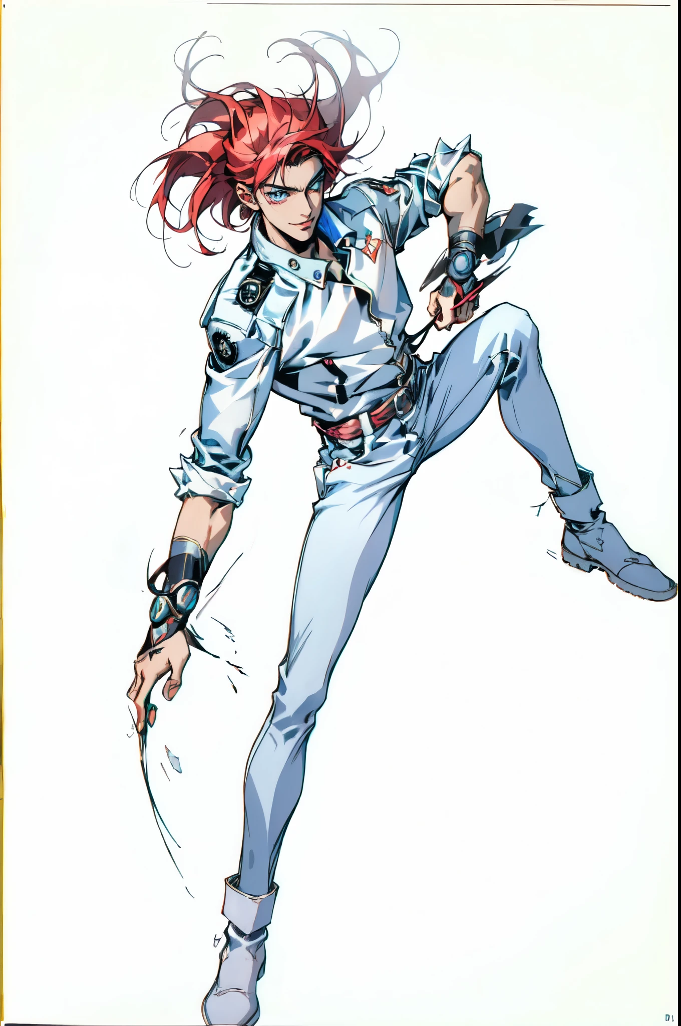 (masterpiece:1.2, best quality:1.2, extremely delicate:1.2), ((male:1.5)), a young man with messy red hair, a leather strap tied around his forehead, a handsome face, bright eyes, a rebellious smile, a slender build, a futuristic fantasy-style black and white leather jacket, dark jeans, hiking boots, he is making an exaggerated leap above the city, this character embodies a finely crafted futuristic fantasy-style rogue in anime style, exquisite and mature manga art style, dramatic, high definition, highres, ultra-detailed, ultra-fine painting, professional, perfect body proportions, golden ratio, anatomically correct, symmetrical face, extremely detailed eyes and face, high quality eyes, creativity, RAW photo, UHD, 32k, Natural light, cinematic lighting, (masterpiece-anatomy-perfect:1.2)