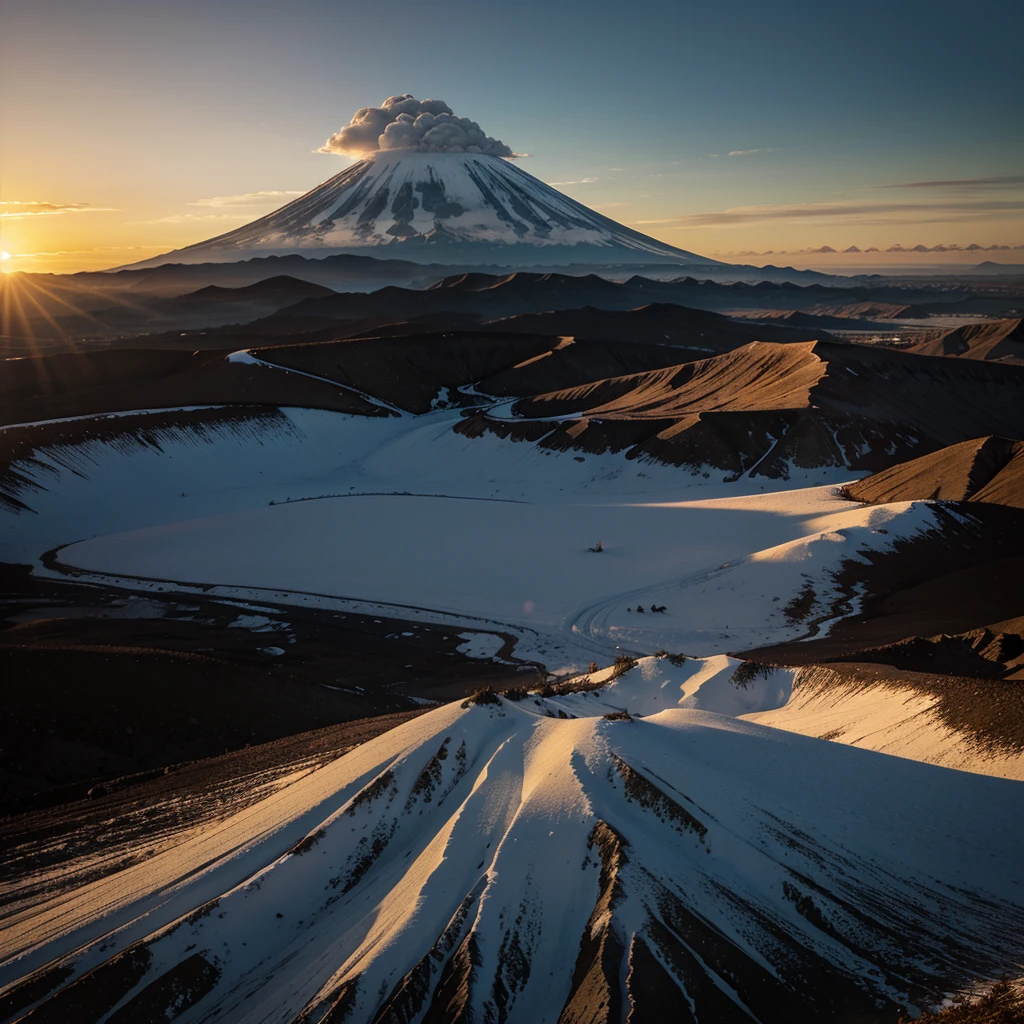 Landscape, sunset, sun, volcano, winter, HD, detailed, realistic, hyperrealistic,