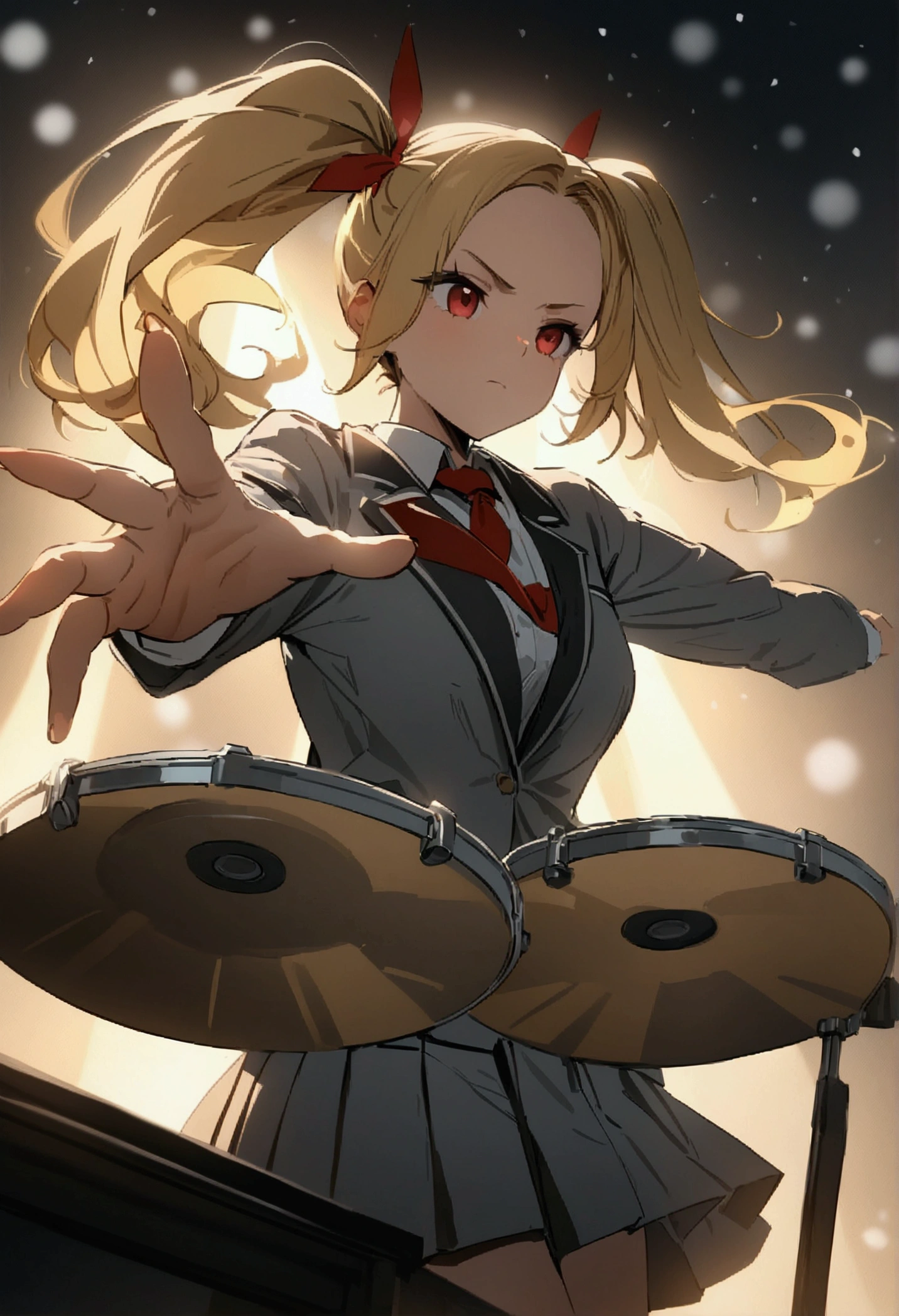 ((greatest masterpiece:1.3, ultimate quality:1.3, ultra-detailed:1.2)), (movie lighting), ((perfectly sensual)), super fine illustration, an extremely delicate and beautiful, 4K, 8K, 16K, UHD, 1girl, solo, blonde hair, twintails, red eyes, determined expression, playing drums, wearing school uniform, grey jacket, red tie, white shirt, pleated skirt, on stage, dimly lit performance setting, snowy atmosphere, falling snowflakes, dynamic pose, focused on music, dramatic lighting, digital art style, high attention to detail, storytelling composition, evocative mood, youthful energy, capturing the passion of musicianship