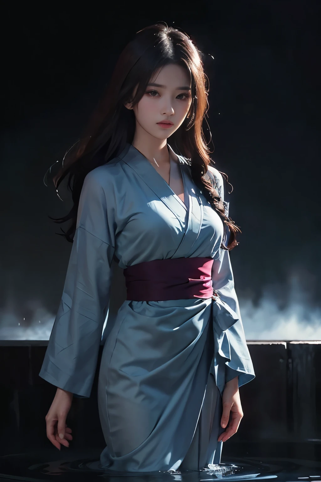 ((Best quality, 32K, Masterpiece :1.3)), Sharp focus:1.2 , Photorealsitic,(Cinematic lighting),Facial detail texture. Eye details, Double eyelids, Slender body,Super small breasts, , photo-realistic:1.37,Perfect eyes, ((1 girl in a pale blue yukata)),(white sash),(Thick fabric),((Ragged linen)),With a figure,brunette color hair,Long hair draped loosely,Qi bangs,Stand in a cold pool,short- sleeved,Exposing thighs,Full body like,Clothing covers the whole body,folds,((solid color backdrop)),is shy,Be red in the face,