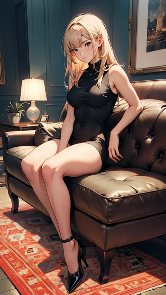 full body of a girl, sitting on a couch